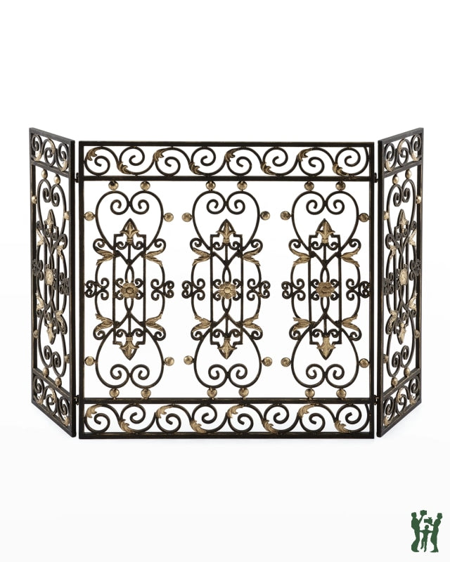 47.25W Burnished Gold Iron Gate Design Three Panel Fire Screen Fireplace