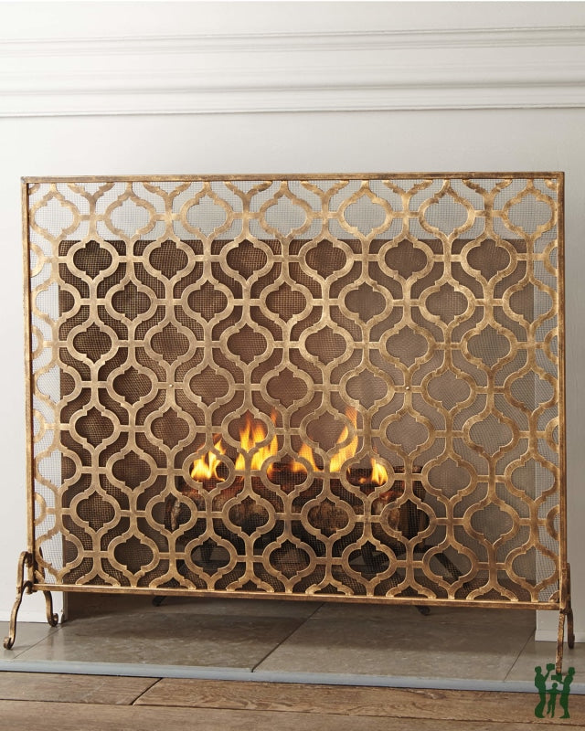 47.75W Oversize Light Burnished Gold Guadrille Design Single Panel Fire Screen Fireplace