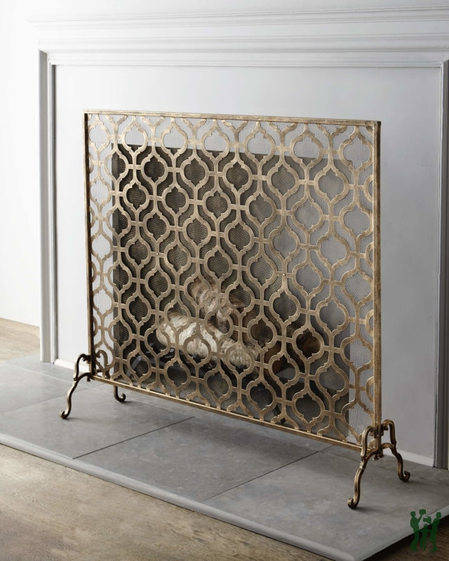 47.75W Oversize Light Burnished Gold Guadrille Design Single Panel Fire Screen Fireplace