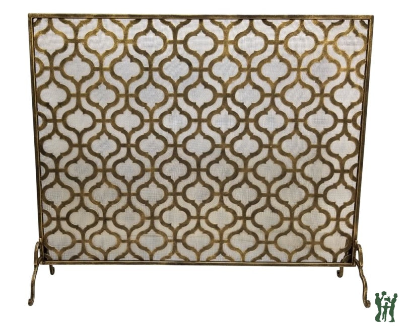 47.75W Oversize Light Burnished Gold Guadrille Design Single Panel Fire Screen Fireplace