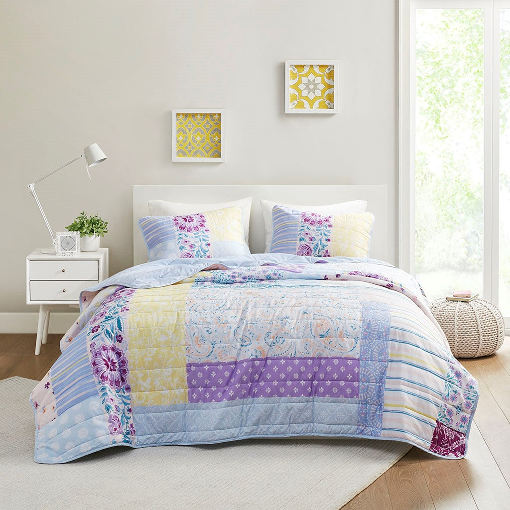 Emmaline Patchwork Printed Cotton Reversible Coverlet Set