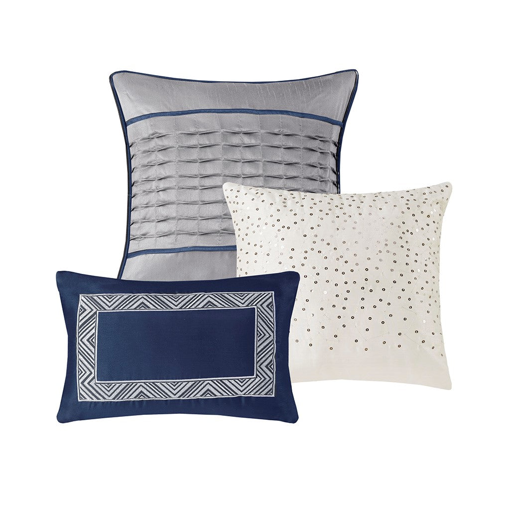 Rhapsody 6 Piece Reversible Jacquard Quilt Set with Throw Pillows in Navy
