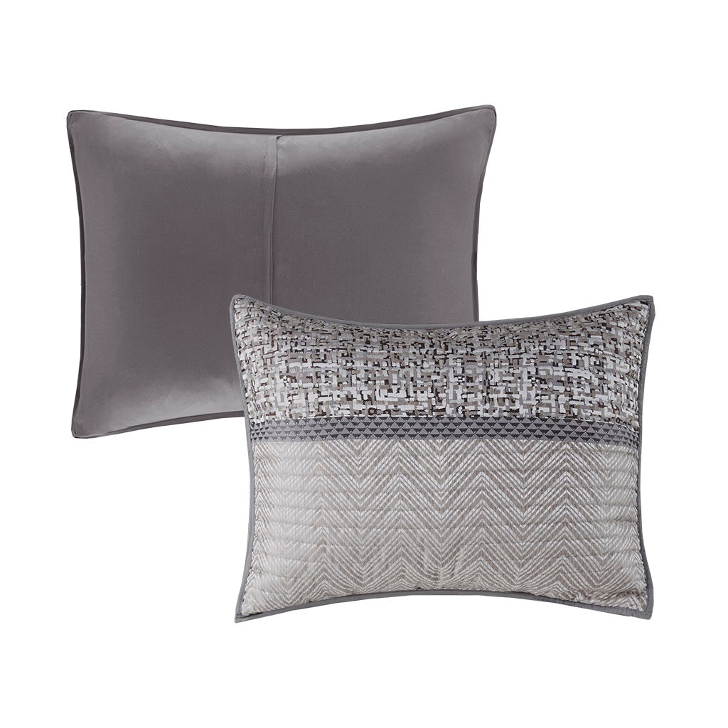 Rhapsody 6 Piece Reversible Jacquard Quilt Set with Throw Pillows in Grey/Taupe