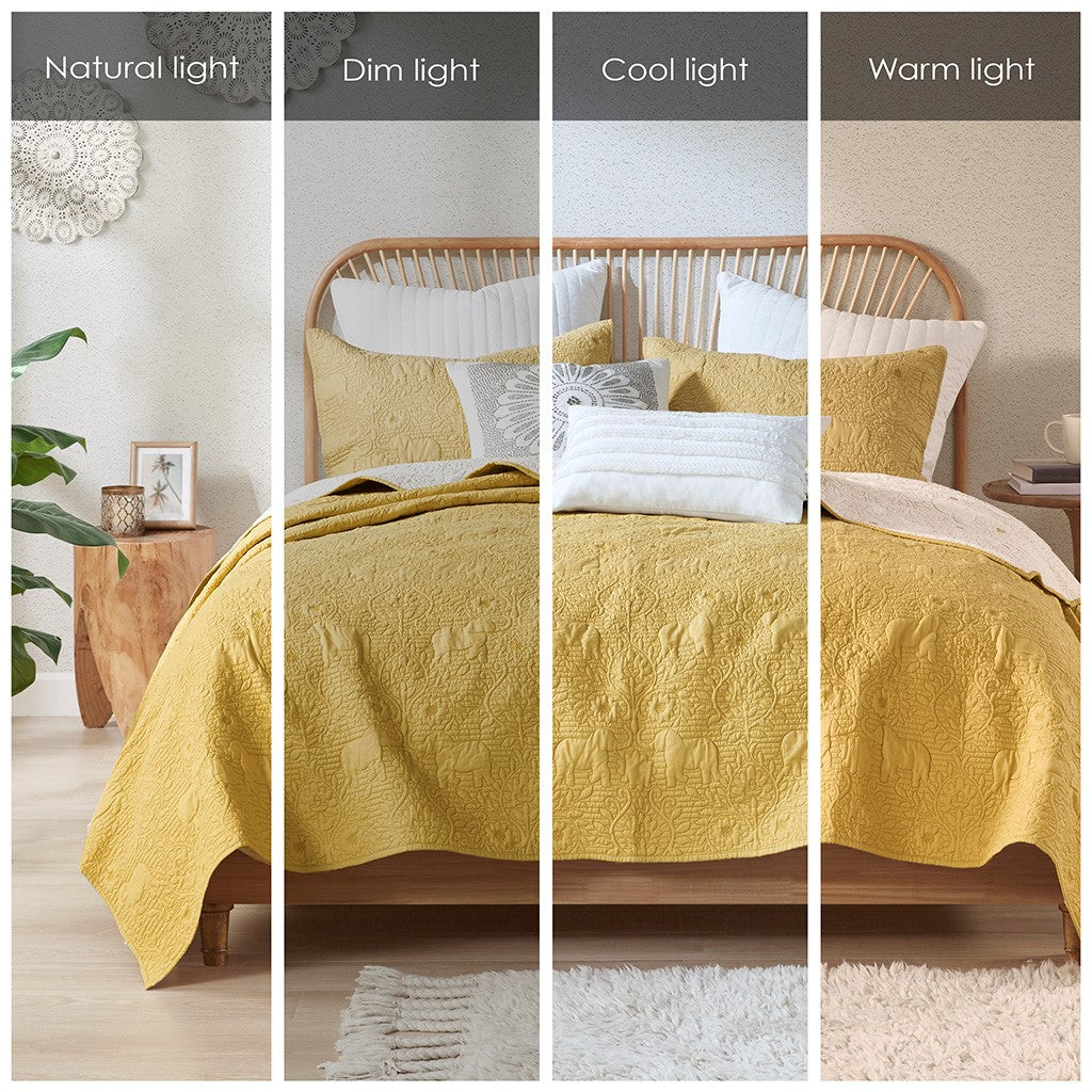 Kandula 3 Piece Reversible Cotton Quilt Set in Yellow