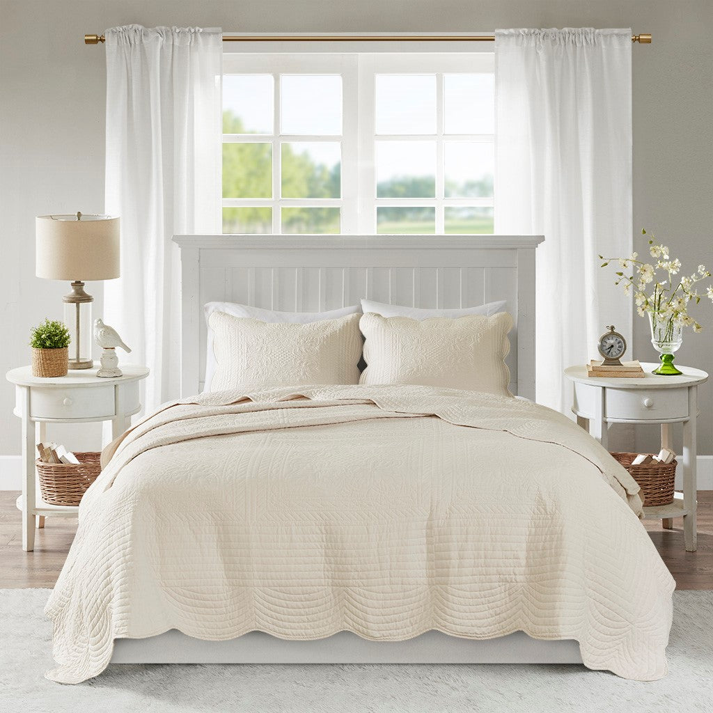 Tuscany 3 Piece Reversible Scalloped Edge Coverlet Set - Cream