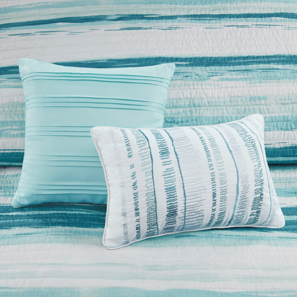 Marina 6 Piece Quilted Microfiber Coverlet Set with Throw Pillows - Aqua
