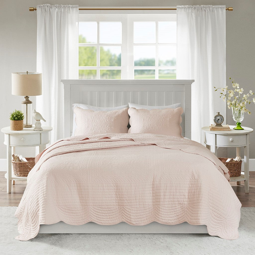 Tuscany 3 Piece Reversible Scalloped Edge Coverlet Set - Blush