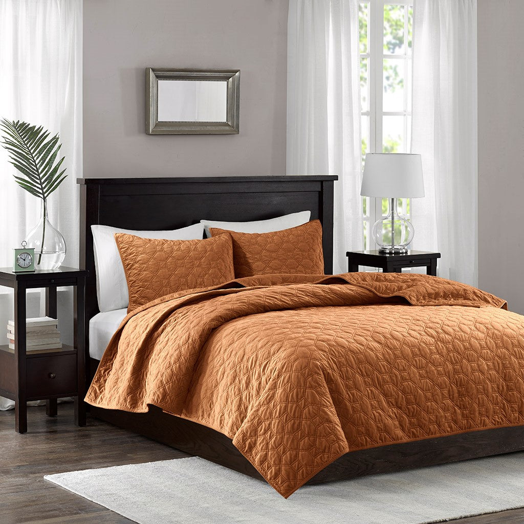 Harper Velvet 3 Piece Coverlet Set - Rust