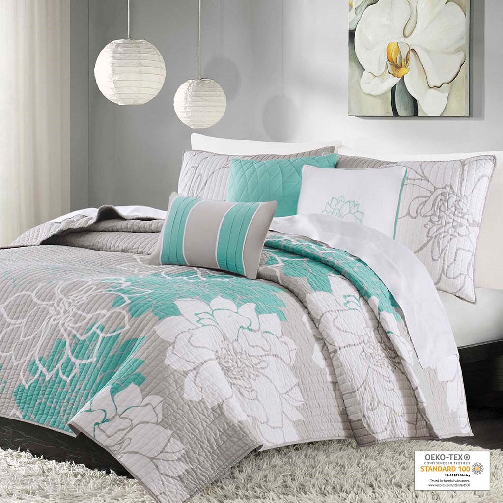 Lola 6 Piece Reversible Cotton Printed Coverlet Set - Aqua