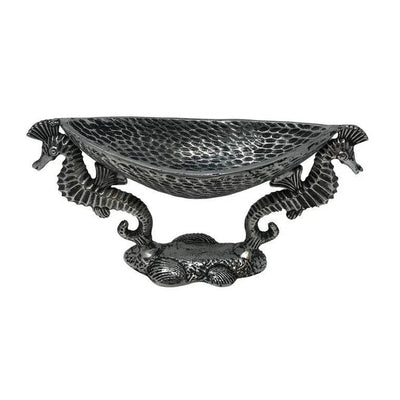 Antiq. Nickel Cast Aluminum 2 Seahorse Pedestal Serving Bowl