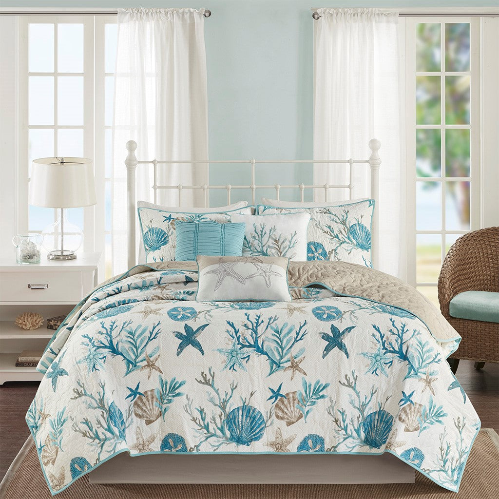 Pebble Beach 6 Piece Cotton Sateen Reversible Coverlet Set - Aqua