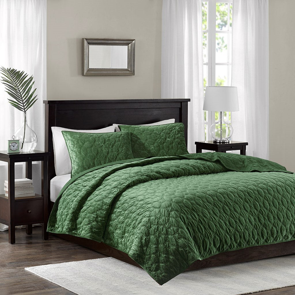 Harper Velvet 3 Piece Coverlet Set - Green