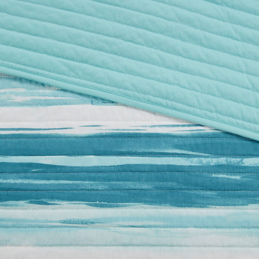 Marina 6 Piece Quilted Microfiber Coverlet Set with Throw Pillows - Aqua
