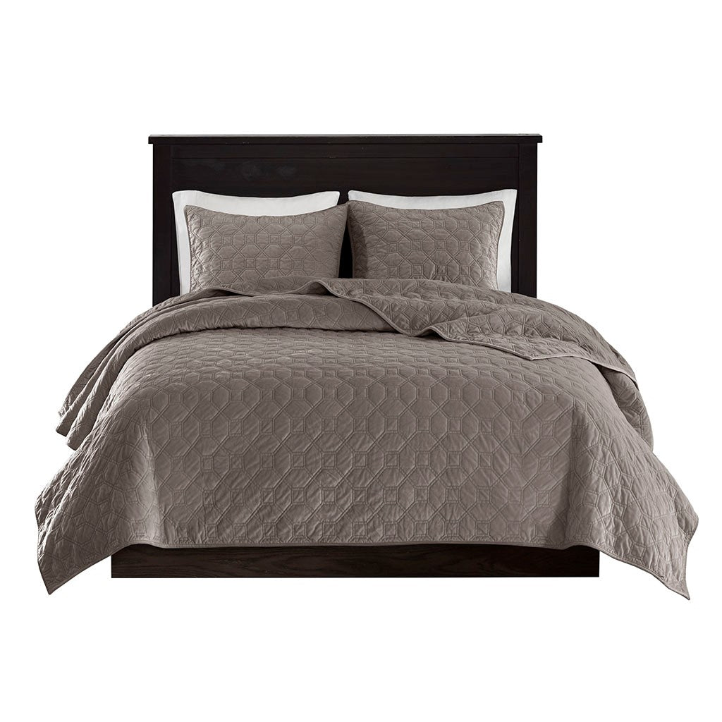 Harper Velvet 3 Piece Coverlet Set - Taupe