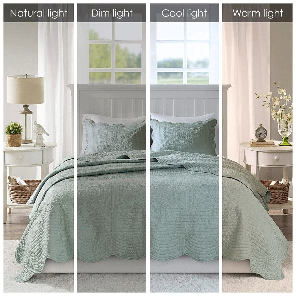 Tuscany 3 Piece Reversible Scalloped Edge Coverlet Set - Seafoam