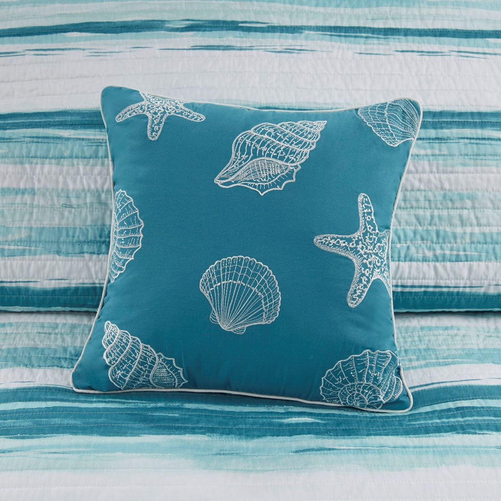 Marina 6 Piece Quilted Microfiber Coverlet Set with Throw Pillows - Aqua
