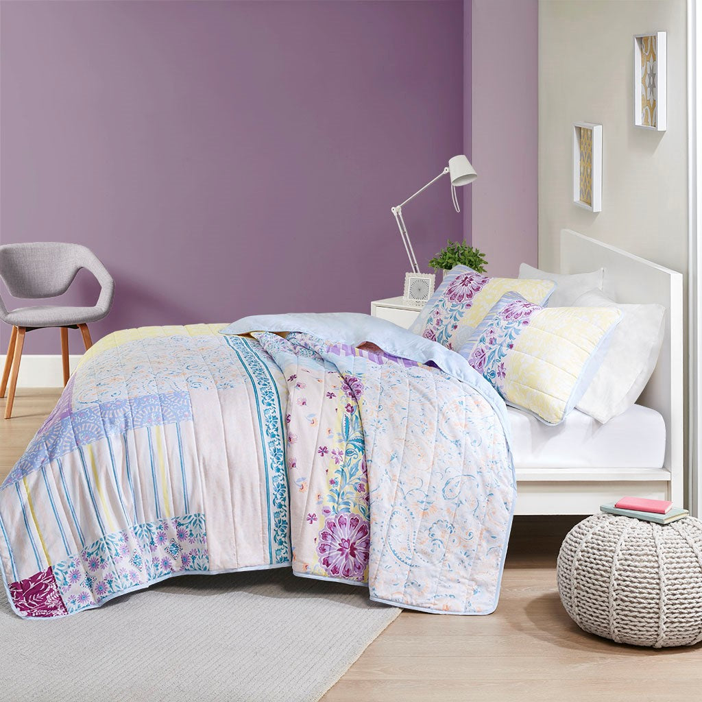 Emmaline Patchwork Printed Cotton Reversible Coverlet Set