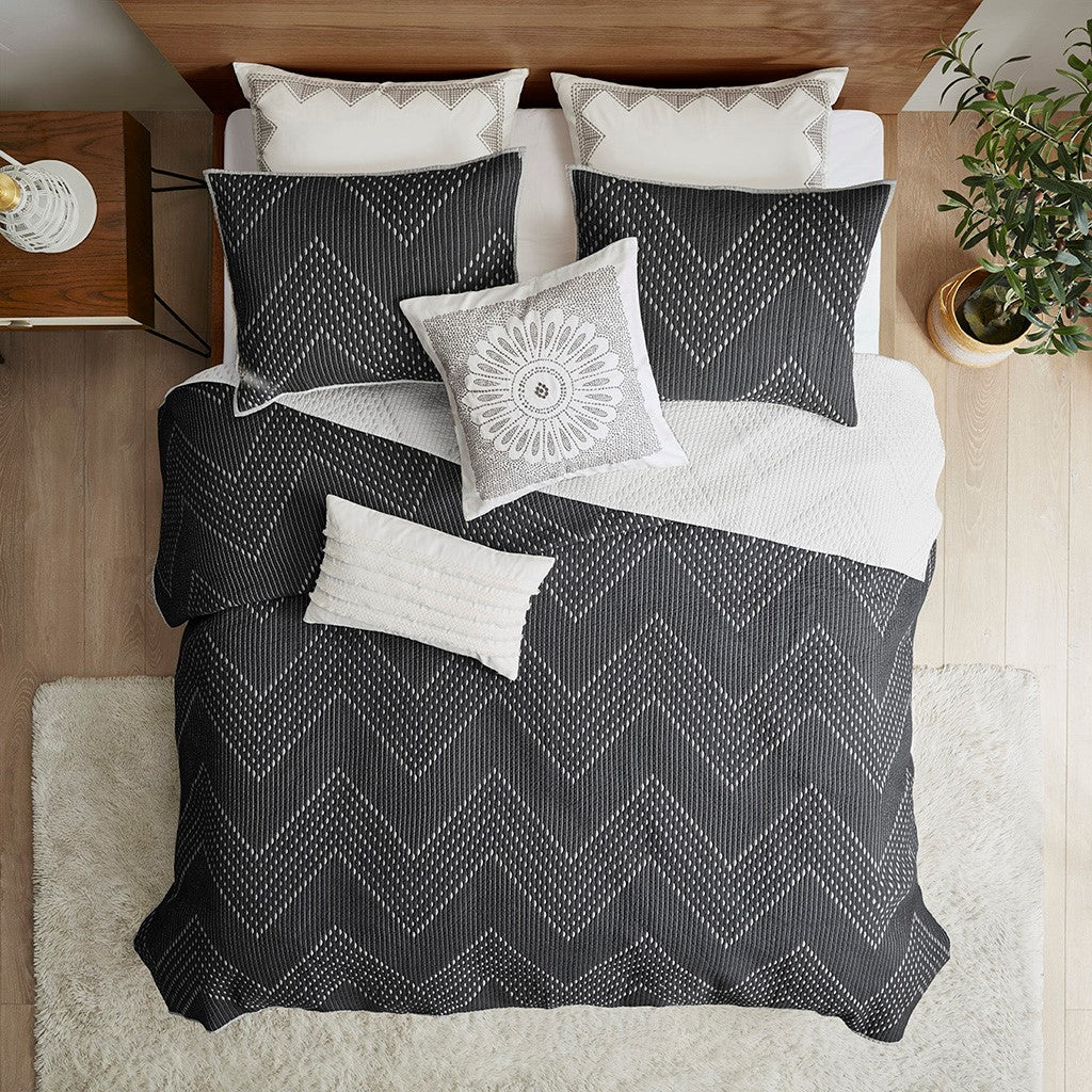 Pomona Cotton Embroidered 3 Piece Coverlet Set - Black