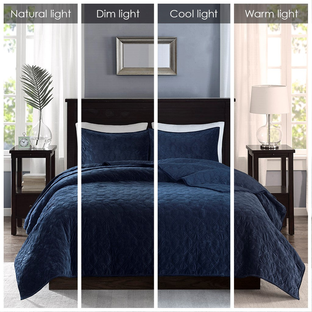 Harper Velvet 3 Piece Coverlet Set - Navy