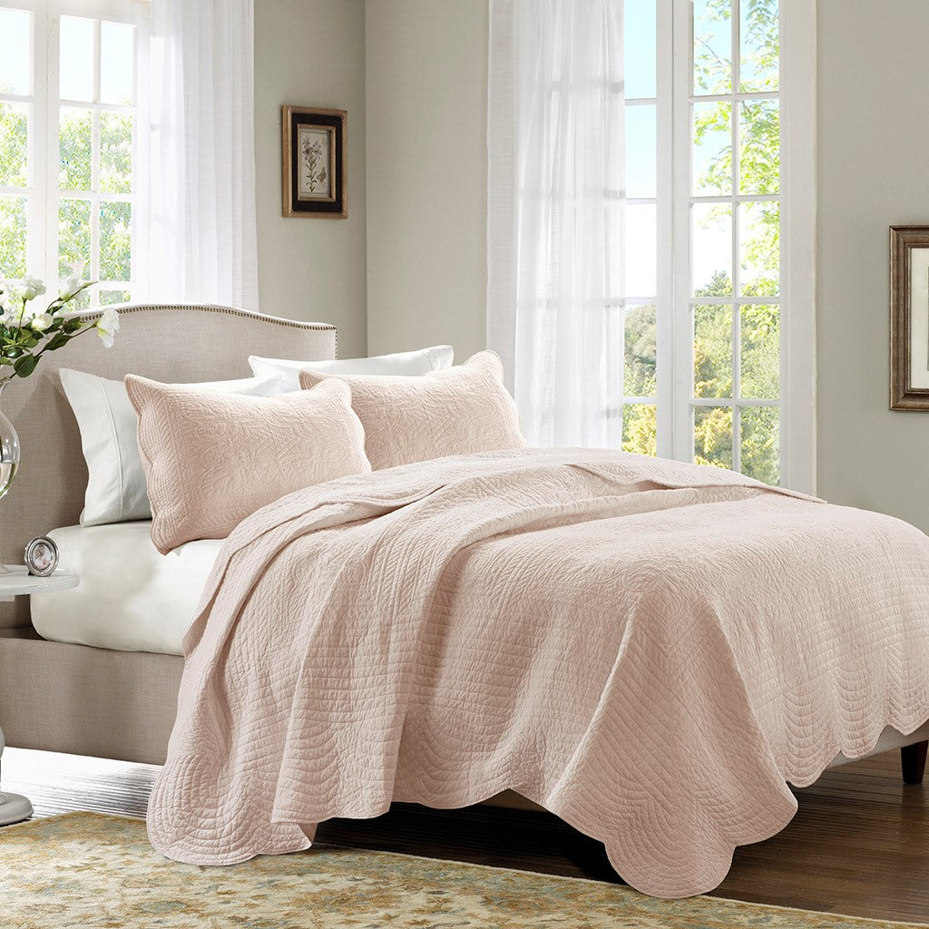 Tuscany 3 Piece Reversible Scalloped Edge Coverlet Set - Blush
