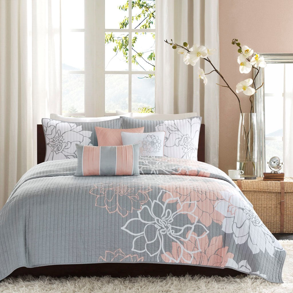Lola 6 Piece Reversible Cotton Printed Coverlet Set - Grey/Blush
