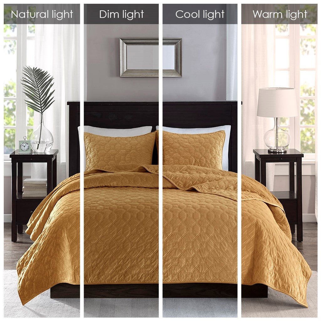 Harper Velvet 3 Piece Coverlet Set - Mustard