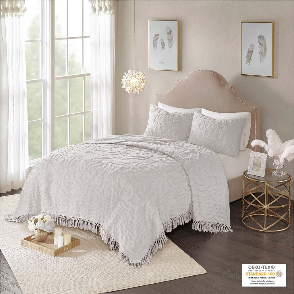 Laetitia Tufted Cotton Chenille Medallion Fringe Coverlet Mini Set - Grey