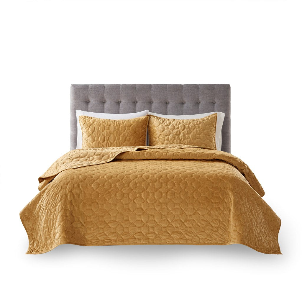 Harper Velvet 3 Piece Coverlet Set - Mustard