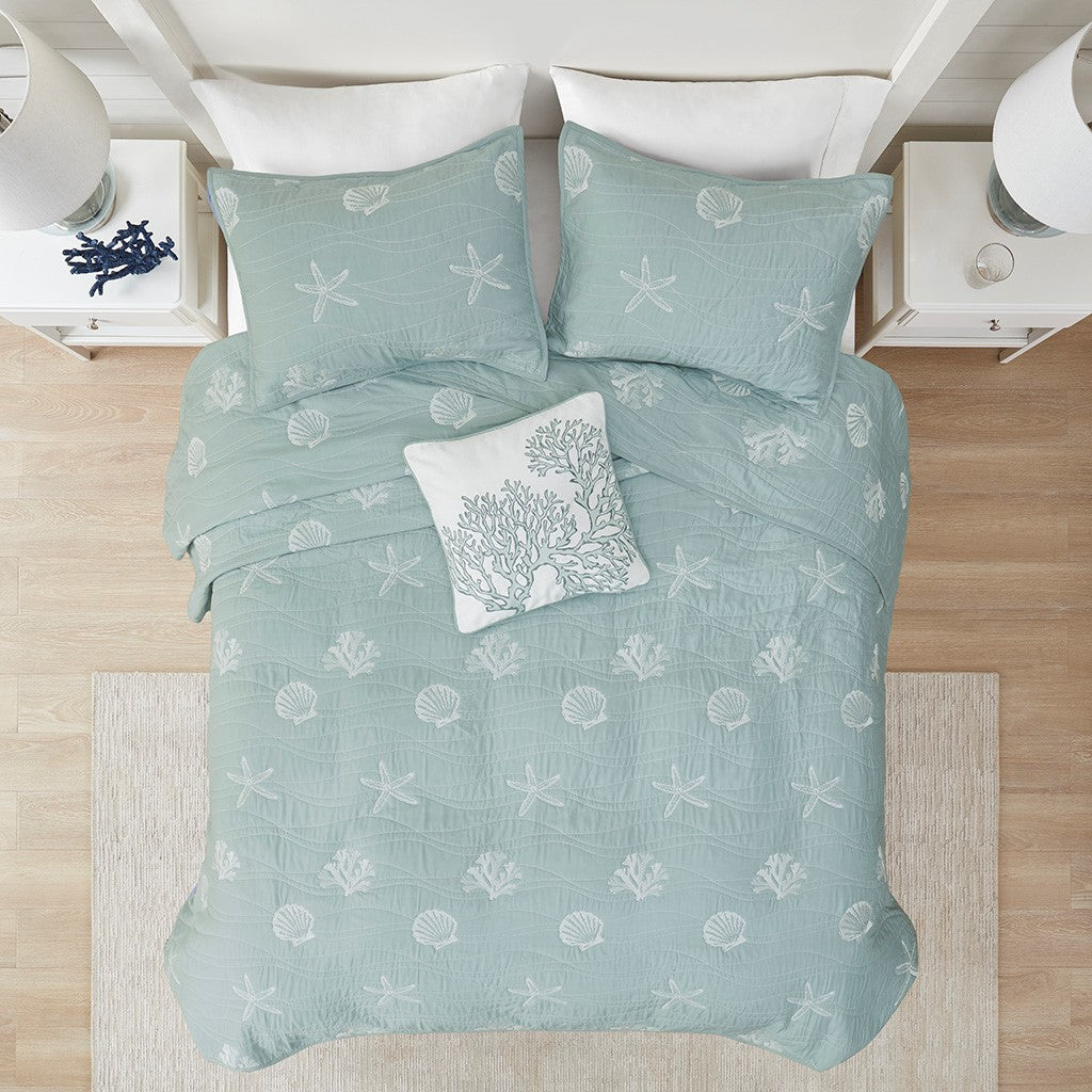 Seaside 4 Piece Cotton Coverlet Set - Aqua
