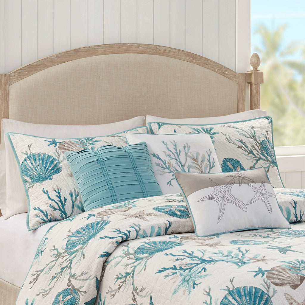Pebble Beach 6 Piece Cotton Sateen Reversible Coverlet Set - Aqua