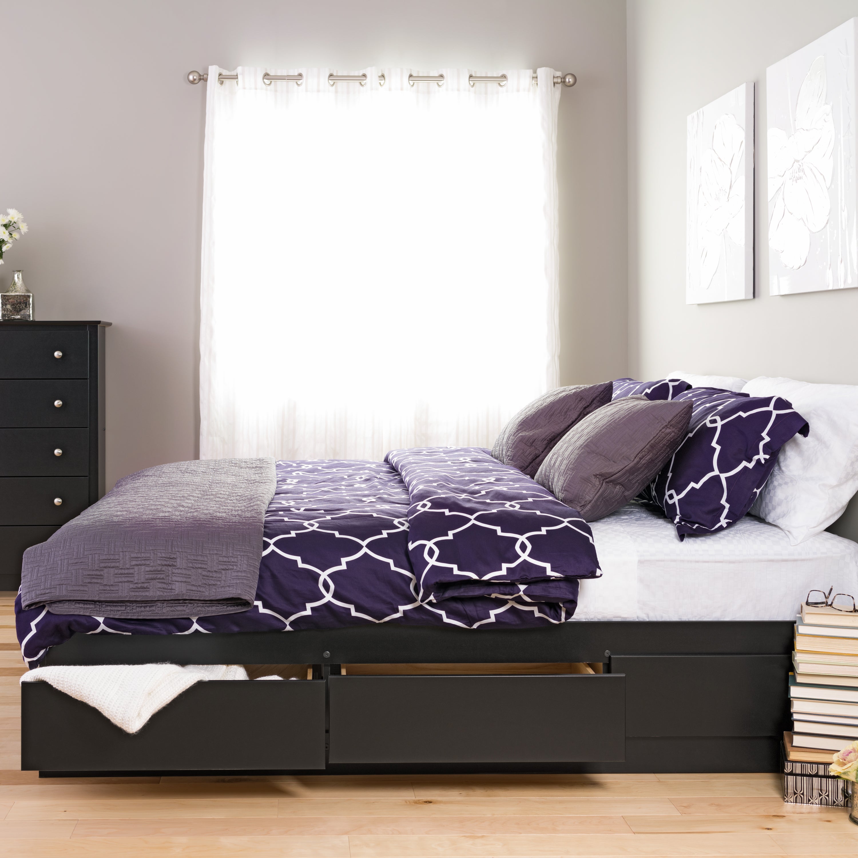 Prepac Manhattan Wooden King Bookcase Platform Storage Bed in Black