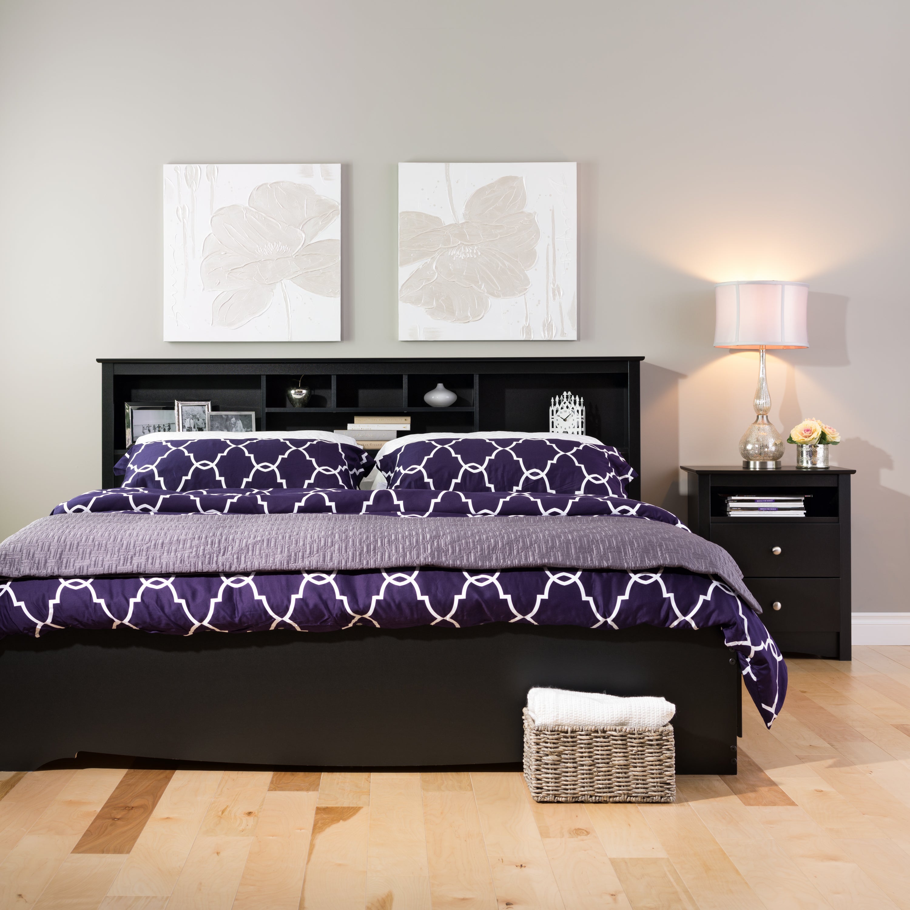 Prepac Manhattan Wooden King Bookcase Platform Storage Bed in Black