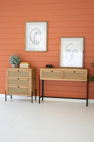 Wood Bedside Table With Three Woven Cane Drawers