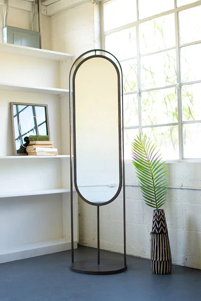 Tall Oval Floor Mirror with Rack and Basket on Back