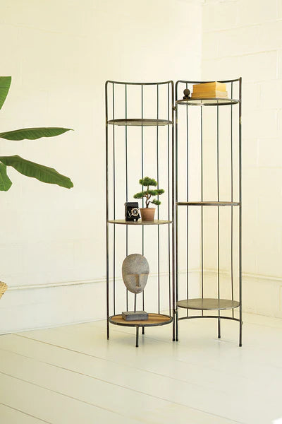 Hinged Tall Round Metal And Wood Display Shelving Unit