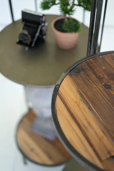Hinged Tall Round Metal And Wood Display Shelving Unit