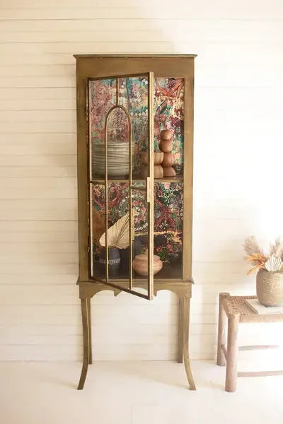Gold Metal and Glass Cabinet with Colorful Print Back - KALALOU