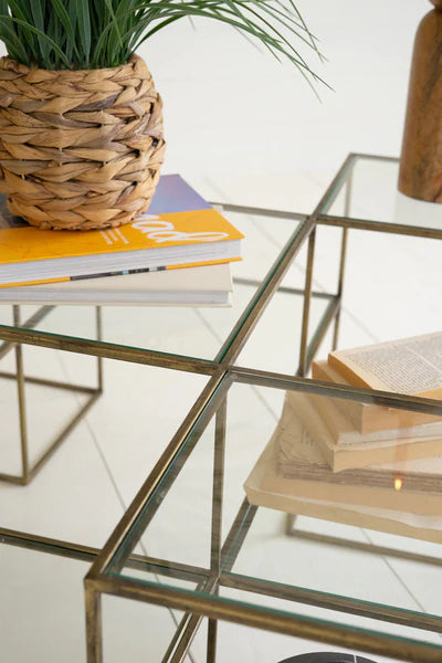 Glass And Antique Brass Cube Accent Table