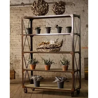 Tall Iron And Wood Display With Five Shelves And Iron Casters - KALALOU