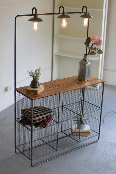 Wall Display W/Three Lights-Six Wire Cubbies & Wood Shelf