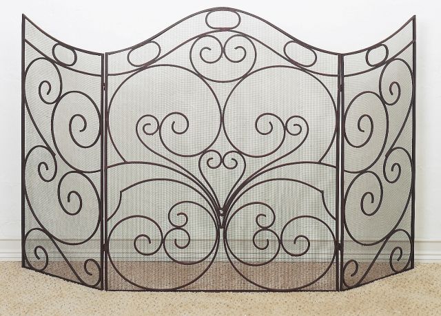Antique Brown Iron Scroll Large Fire Screen with Mesh Backing - Oversized Firescreen