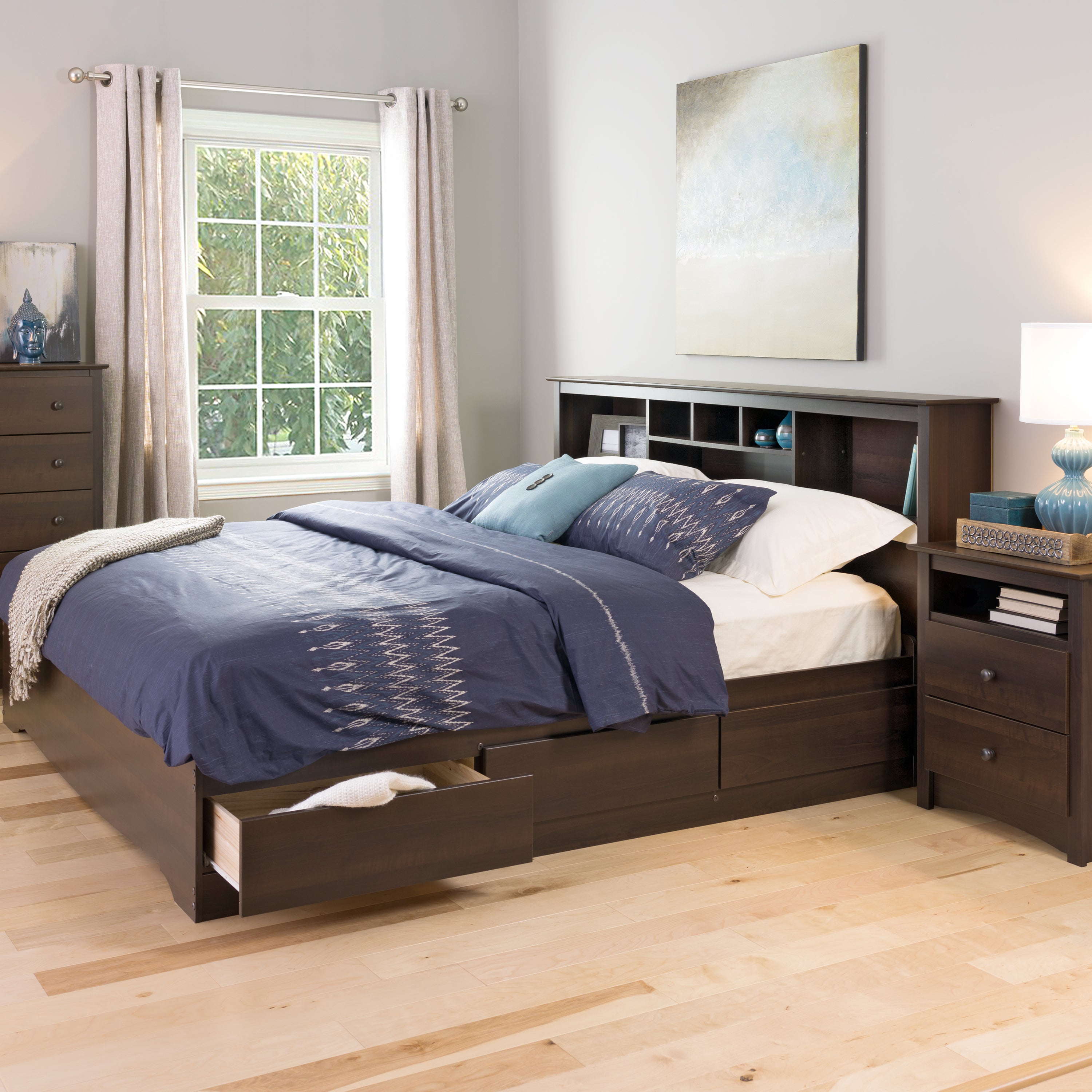 Prepac Manhattan Wooden King Bookcase Platform Storage Bed in Espresso