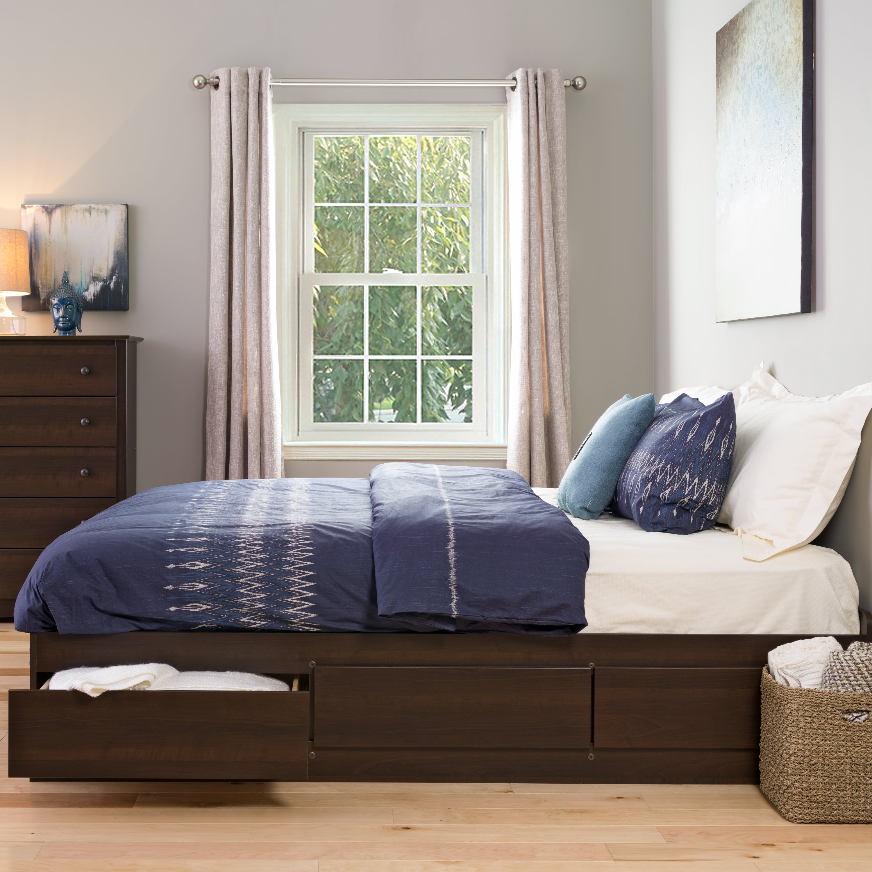 Prepac Manhattan Wooden King Bookcase Platform Storage Bed in Espresso