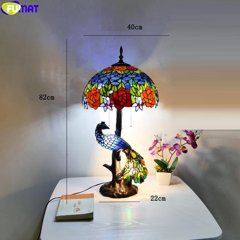 FUMAT Birds Tiffany Style Desk Lamp Peacock Art House Decor Table Light Stained Glass Luxury Eyeshield Collect Colorful Lighting