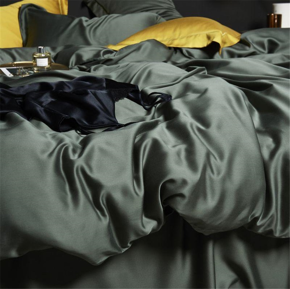 Liv-Esthete Dark Green 100% Silk Bedding Set Healthy Pure Silk Luxury Queen King Duvet Cover Flat Sheet Pillowcase Bed Linen Set