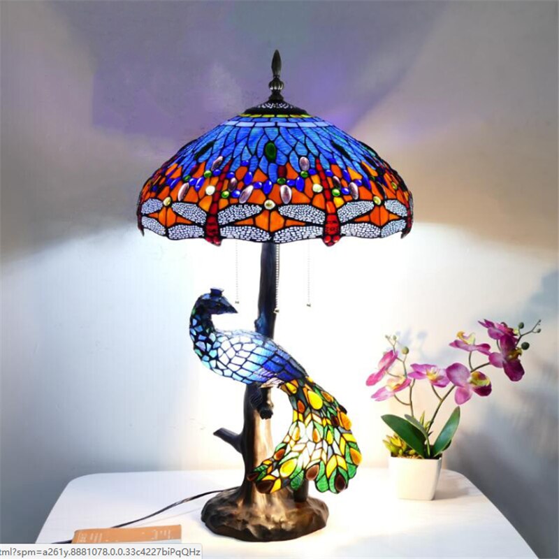 Luxurious Tiffany Peacock Table Lamp Foyer Bed Room Restaurant Large Art Glass Colorful Desk Decor Light 68cm 1261