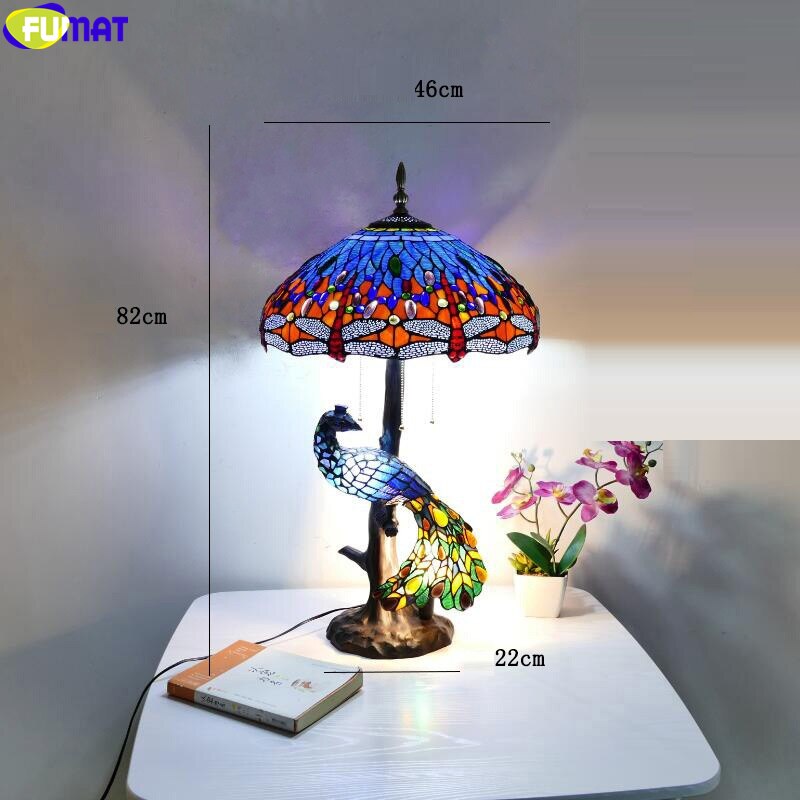 FUMAT Birds Tiffany Style Desk Lamp Peacock Art House Decor Table Light Stained Glass Luxury Eyeshield Collect Colorful Lighting