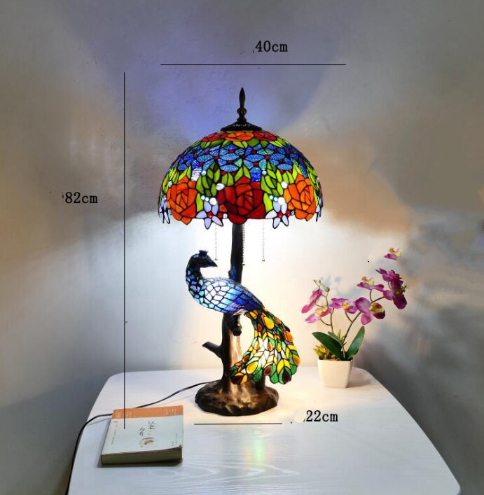 Luxurious Tiffany Peacock Table Lamp Foyer Bed Room Restaurant Large Art Glass Colorful Desk Decor Light 68cm 1261
