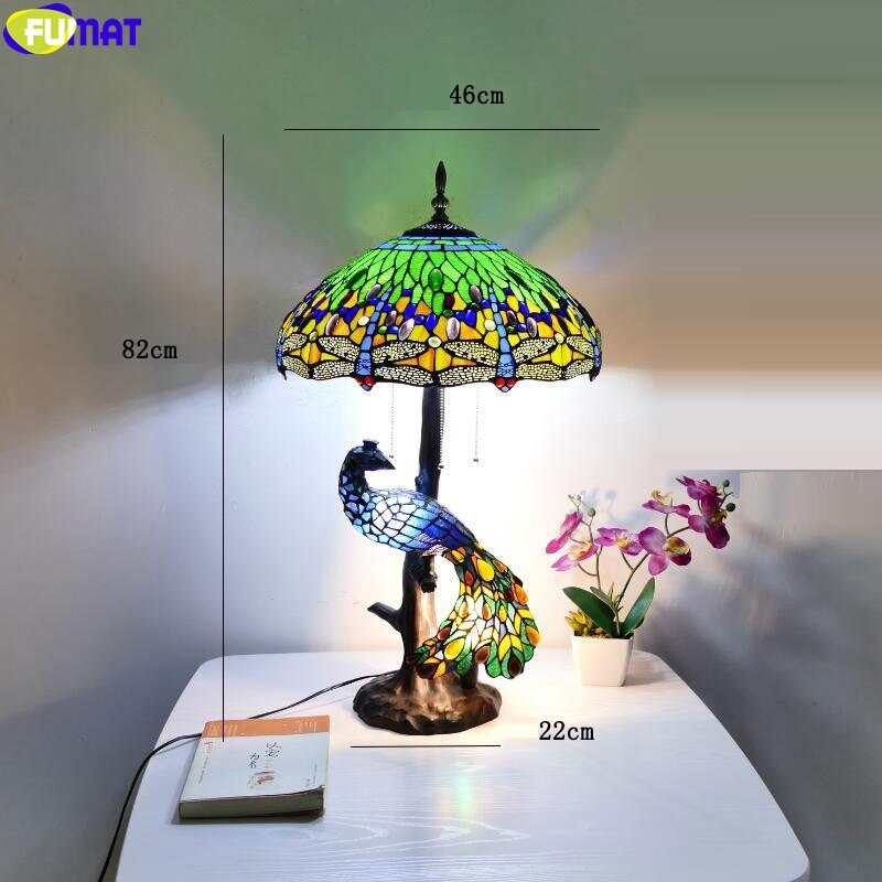 FUMAT Birds Tiffany Style Desk Lamp Peacock Art House Decor Table Light Stained Glass Luxury Eyeshield Collect Colorful Lighting