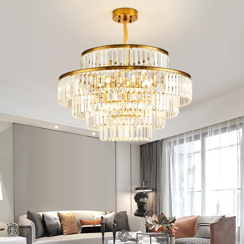 FSS Modern LED Luxury Round Golden Crystal Chandelier Lighting For Living Room Dining Room Lamp Bedroom Indoor Light Fixtures